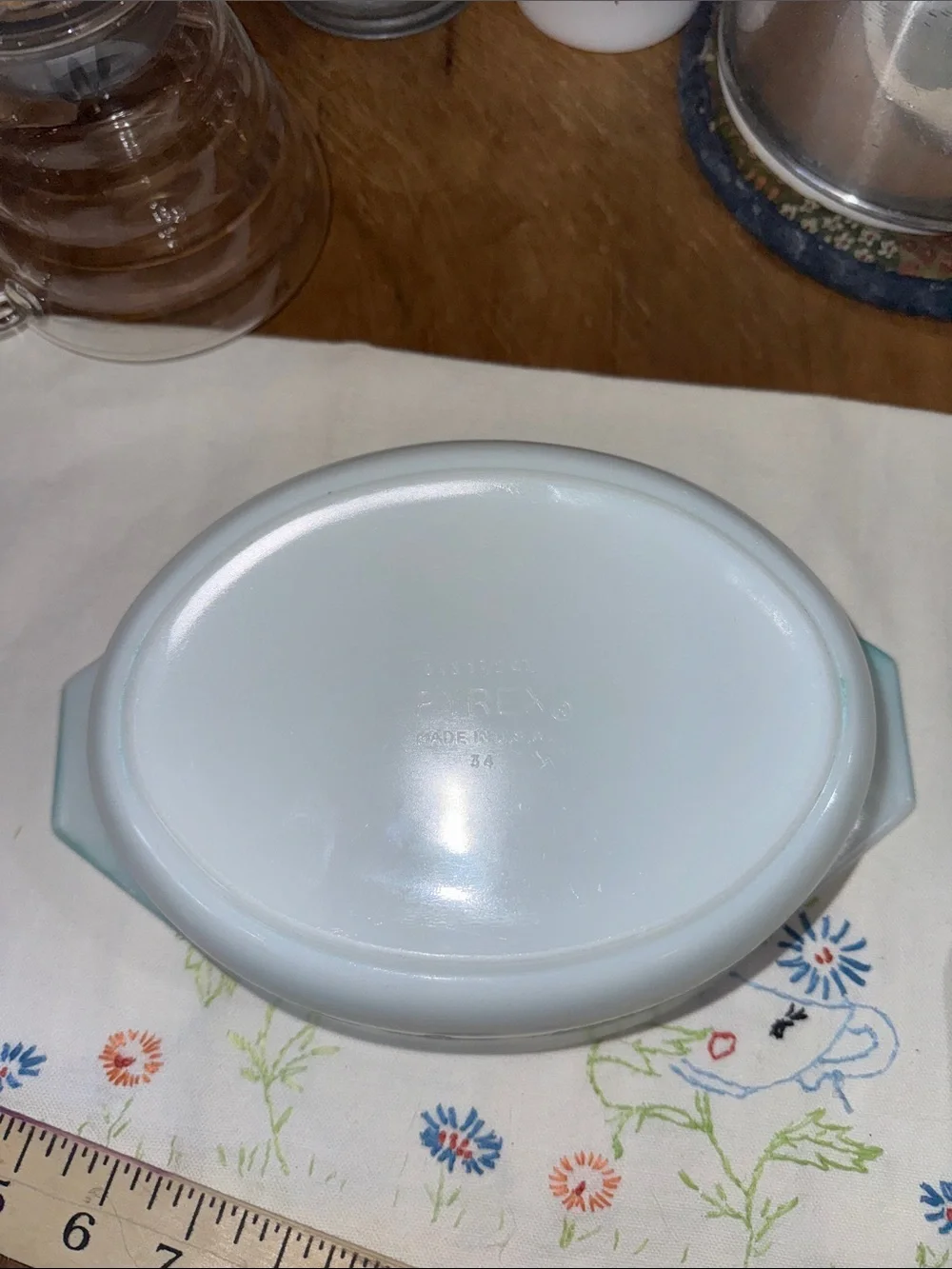 Pyrex White Casserole Dish with Light Blue Snowflake Pattern